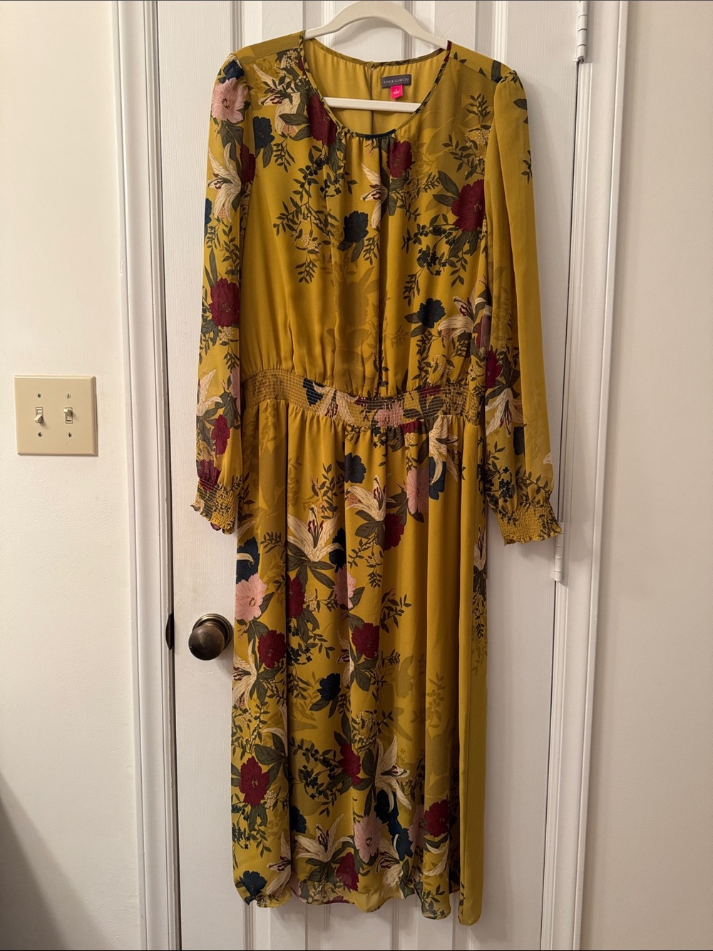 Vince Camuto Mustard Floral Long Sleeve Midi Dress